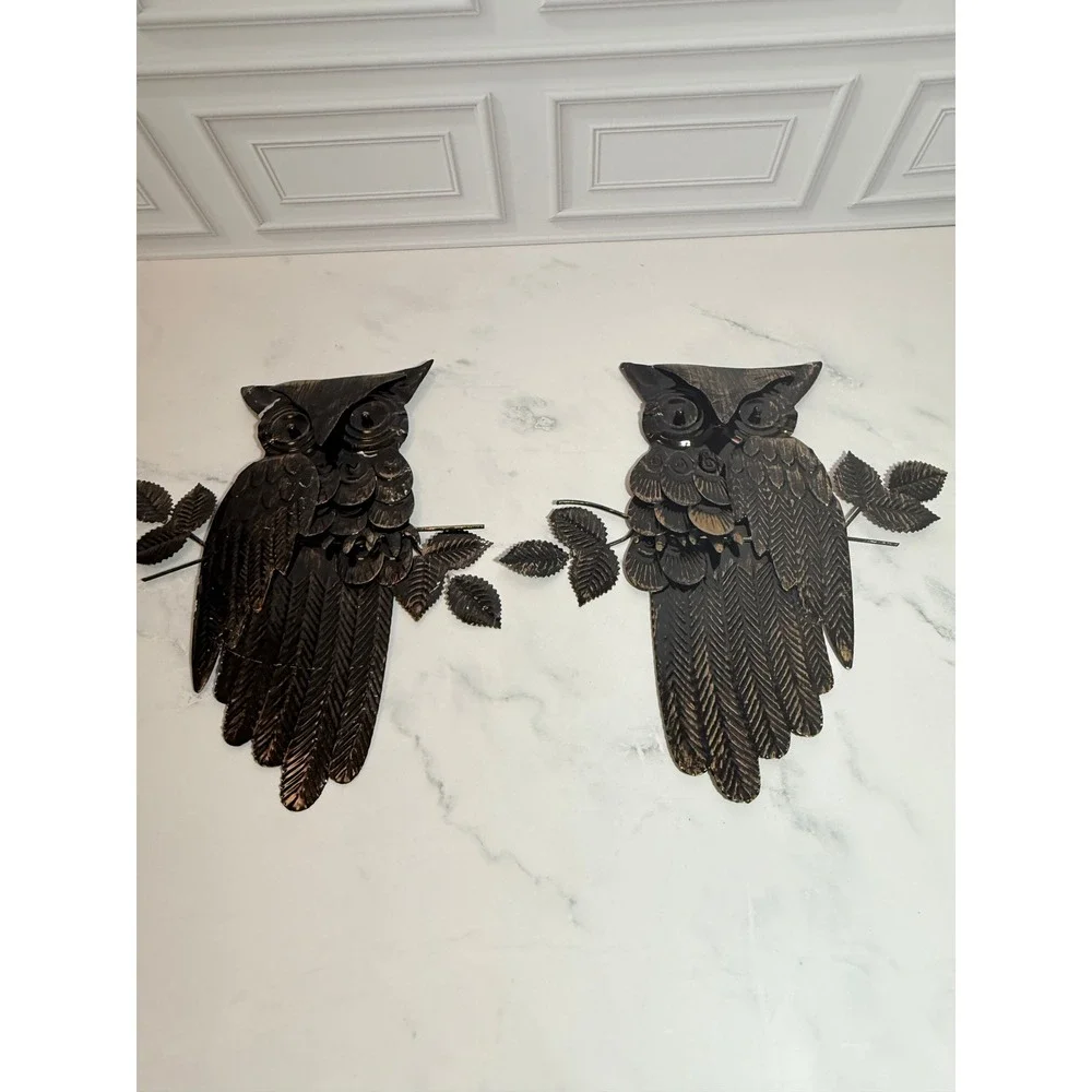 VTG 1960s MCM Distressed Metal Owl Wall Hangings Decor 11